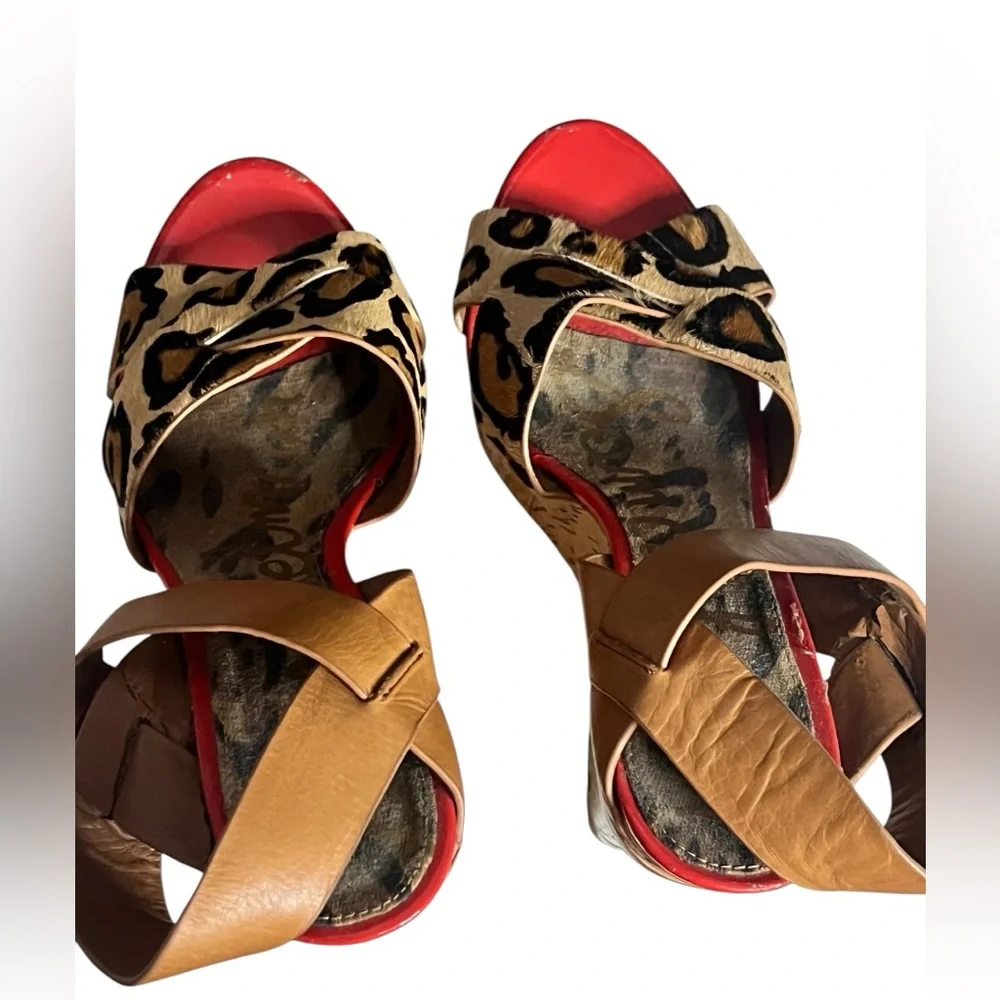 Sam Edelman Leopard Print Cork Wedge Sandals Size 8.5, 4” Heel